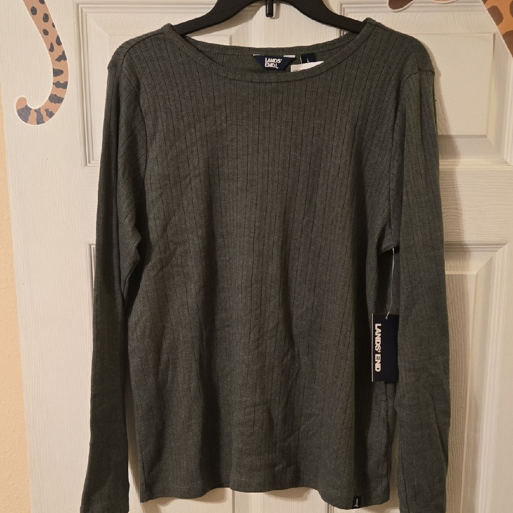 Lands' End Olive Green Ribbed Long Sleeve Top